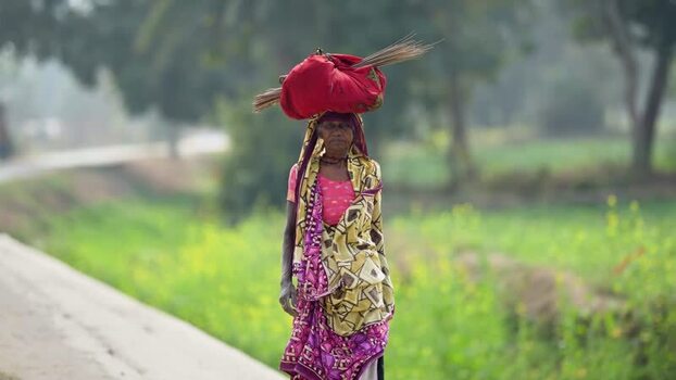 View of an elderly woman carrying a bundle on her head in India.