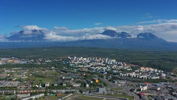 Aerial view of Petropavlovsk Kamchatskiy and volcanoes Russia.