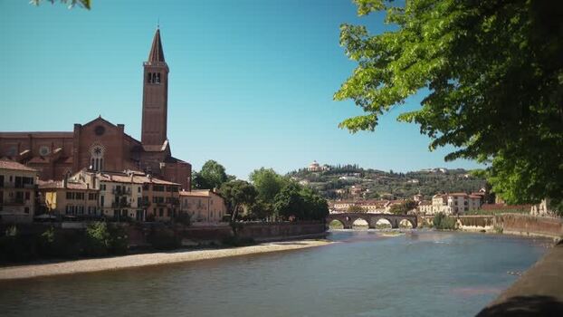 View of the Basilica of Santa Anastasia and Adige River Italy. View of the Basilica of Santa Anastasia and Adige River Italy.