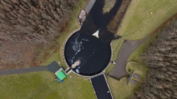 Aerial view of Whiteadder Reservoir spillway United Kingdom. Aerial view of Whiteadder Reservoir spillway United Kingdom.