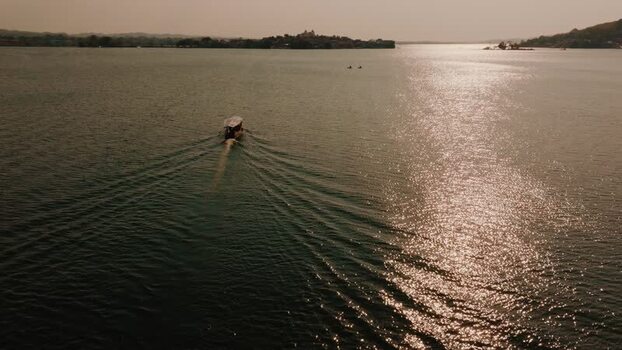 Aerial view of Island of Flores in Lake Peten Itza Guatemala.