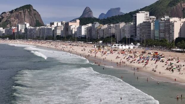 Aerial view of Copacabana Beach and city skyline Brazil.