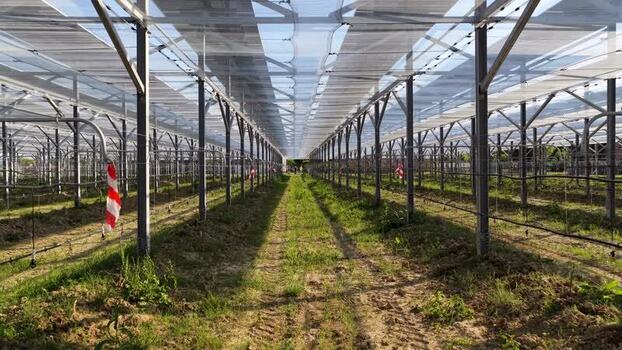 Aerial view of agricultural netting structures in Faenza Italy.