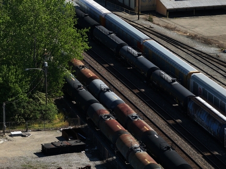 Aerial view of freight train cars and tanker cars on parallel tracks next to a lush green tree in Cincinnati OH United States. Aerial view of freight train cars and tanker cars on parallel tracks next to a lush green tree in Cincinnati OH United States.