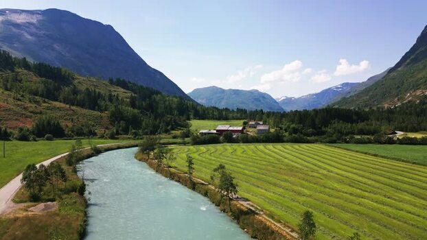 Aerial view of Stardalen valley and river in Norway.