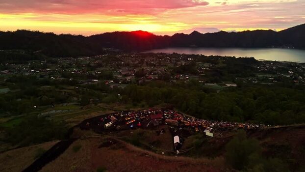 Aerial view of Lake Batur at sunset in Bali Indonesia.