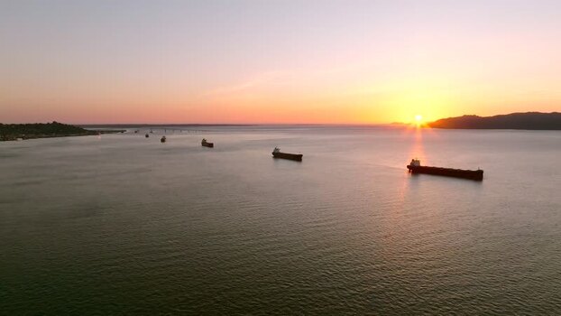 Aerial view of cargo ships on the Columbia River United States.