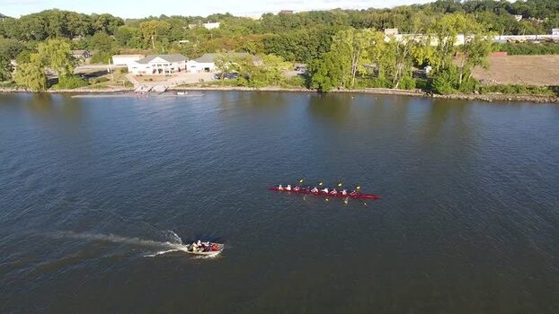 Aerial view of rowers on the Hudson River United States.