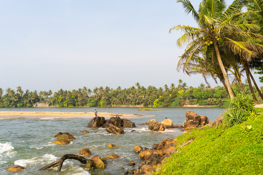 View of fishermen standing on rocks along a tropical coastline with palm trees and lush greenery in Galle Southern Province Sri Lanka.