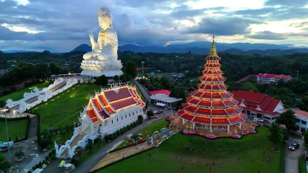 Aerial view of Wat Huay Pla Kang temple complex Thailand.