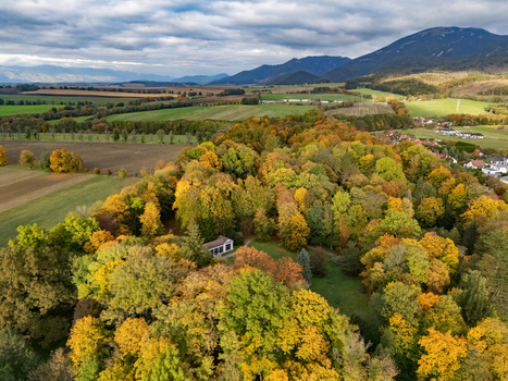 Aerial view of the autumn foliage ablaze with fiery hues contrasting against the distant mountains and open fields Mosovce Zilina Region Slovakia. Aerial view of the autumn foliage ablaze with fiery hues contrasting against the distant mountains and open fields Mosovce Zilina Region Slovakia.
