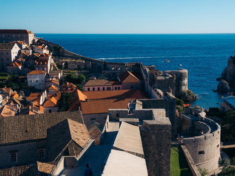 View of Dubrovnik Old Town with its historic stone walls and terracotta rooftops overlooking the Adriatic Sea Dubrovnik Dubrovnik Neretva County Croatia. View of Dubrovnik Old Town with its historic stone walls and terracotta rooftops overlooking the Adriatic Sea Dubrovnik Dubrovnik Neretva County Croatia.