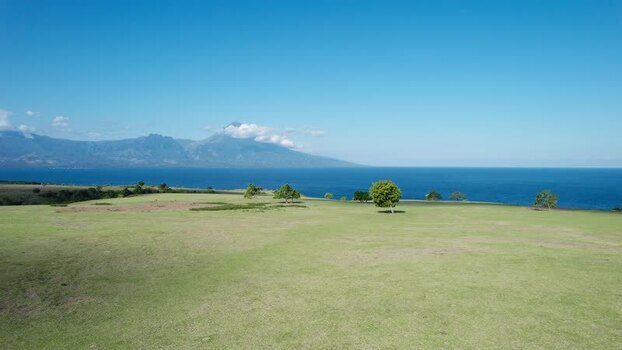 Aerial view of Mausui Savanna and the sea in Indonesia.