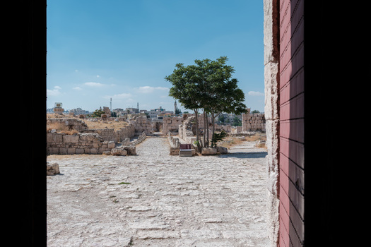 View of the Umayyad Palace ruins featuring ancient stone pathways weathered walls and a lone tree under a clear blue sky in Amman Amman Governorate Jordan.