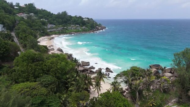 Aerial view of Mahe coastline and beach in Seychelles.