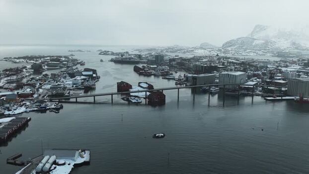Aerial view of bridge and buildings in Svolv&aelig;r Norway.