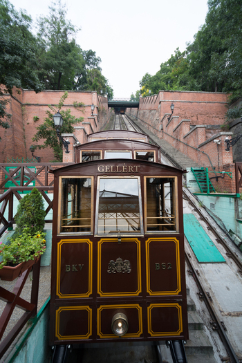 View of the historic Gellert funicular car ascending the steep tracks of the Budapest Castle Hill Funicular surrounded by brick retaining walls and lush trees in Budapest Hungary.
