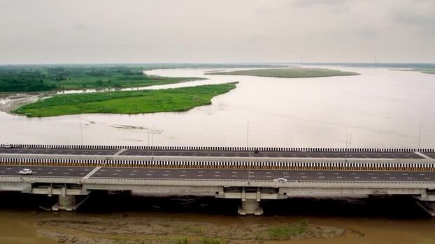 Aerial view of Ganga Expressway bridge in Dulheypur Aheer India.