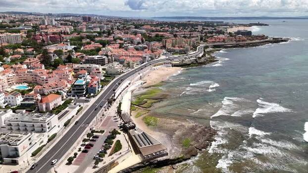 Aerial view of the coastline and urban landscape of Parede Portugal.