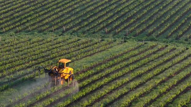 Aerial view of tractor in vineyard in Targon France.