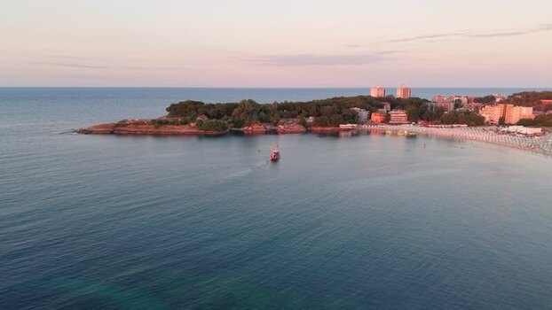 Aerial view of Kiten coastline at sunset Bulgaria.