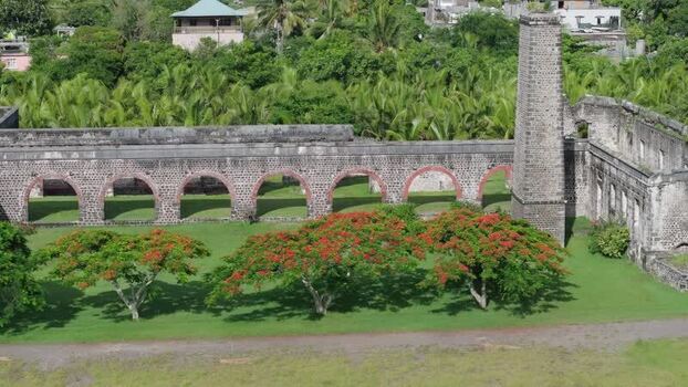 Aerial view of historic stone ruins in Quatre Cocos Mauritius.