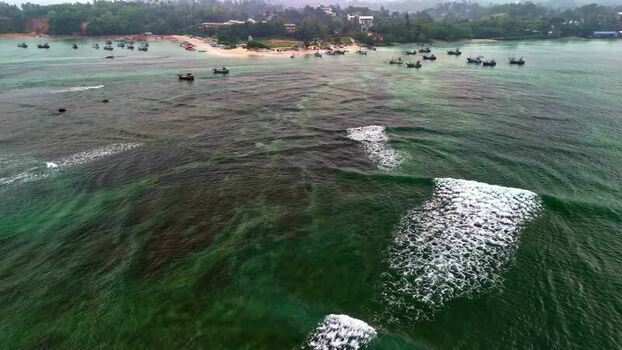 Aerial view of fishing boats near a sandy beach Sri Lanka.