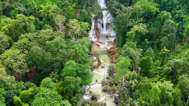 Aerial view of Kuang Si Waterfall in the jungle Laos.