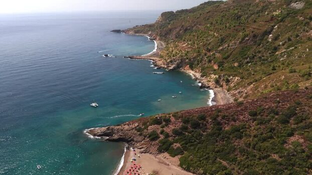 Aerial view of Punta Rossa coastline in Capoliveri Italy.