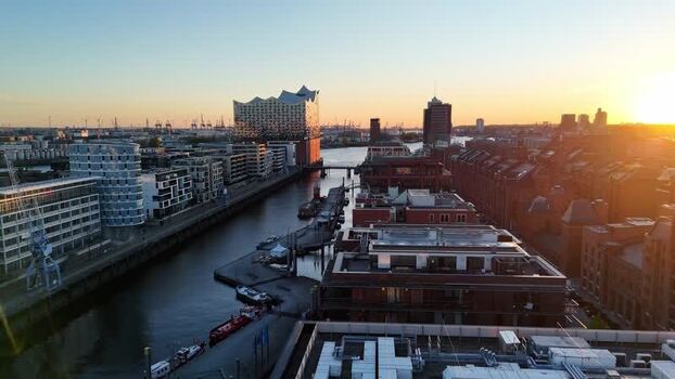 Aerial view of the Elbphilharmonie and Speicherstadt at sunset Germany. Aerial view of the Elbphilharmonie and Speicherstadt at sunset Germany.