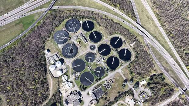 Aerial view of wastewater treatment plant France.