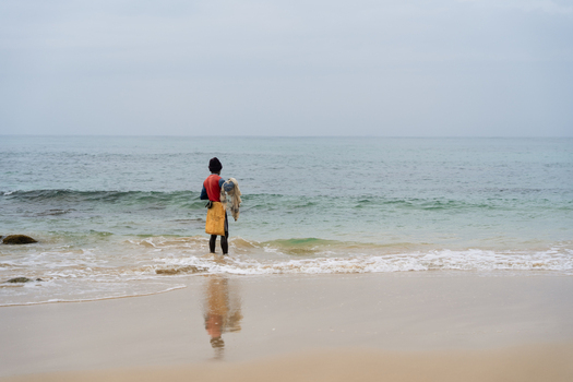 Sri Lanka 03 February 2026 View of a fisherman standing in the shallow water of a sandy beach with a fishing net under an overcast sky.