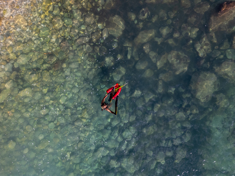 Aerial view of a snorkeler swimming in the clear turquoise waters of Cala Llebeig with rocky seabed visible below in El Poble Nou de Benitatxell Valencian Community Spain.