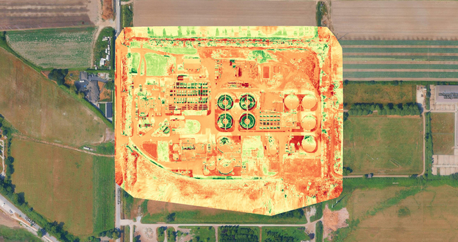 Aerial view of a wastewater treatment plant featuring circular sedimentation tanks and industrial infrastructure presented as an orthophoto overlay in Richmond British Columbia Canada. Aerial view of a wastewater treatment plant featuring circular sedimentation tanks and industrial infrastructure presented as an orthophoto overlay in Richmond British Columbia Canada.