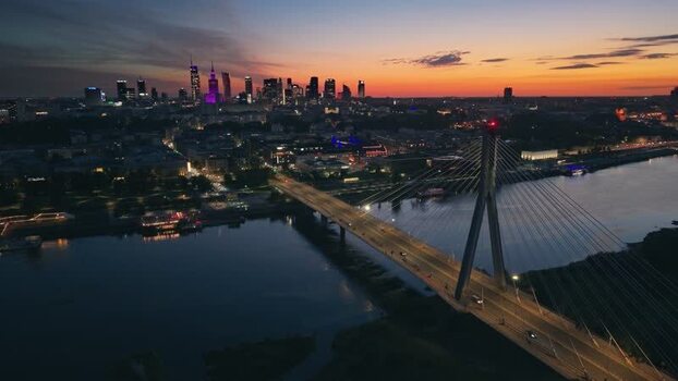 Aerial view of Warsaw skyline and Swietokrzyski Bridge Poland.