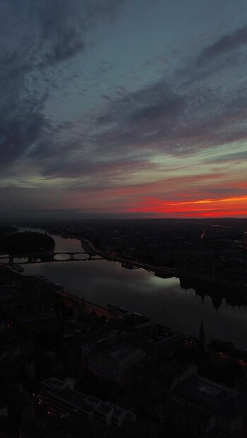 Aerial view of the Danube River at sunset in Budapest Hungary.