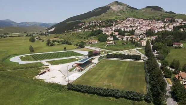 Aerial view of the town of Rivisondoli and sports fields Italy. Aerial view of the town of Rivisondoli and sports fields Italy.