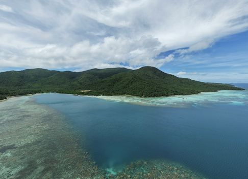 Aerial view of the lush green island meeting the clear turquoise waters under a bright sky Turtle Conservation Karimunjawa Central Java Indonesia.