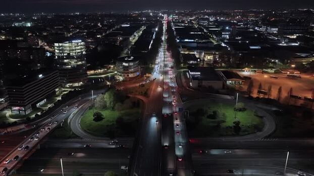 Aerial view of city traffic at night Portugal.