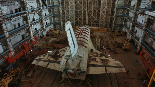 Aerial view of the abandoned Buran space shuttle inside a large hangar at the Baikonur Cosmodrome in Karmakshy Kyzylorda Kazakhstan.