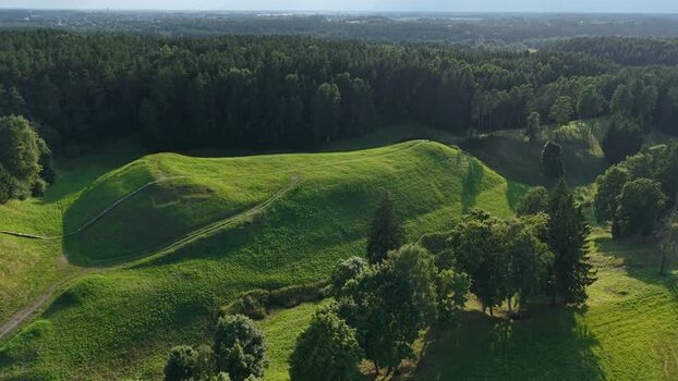 Aerial view of Seimyniskeliu Hillfort Historical Complex Lithuania.