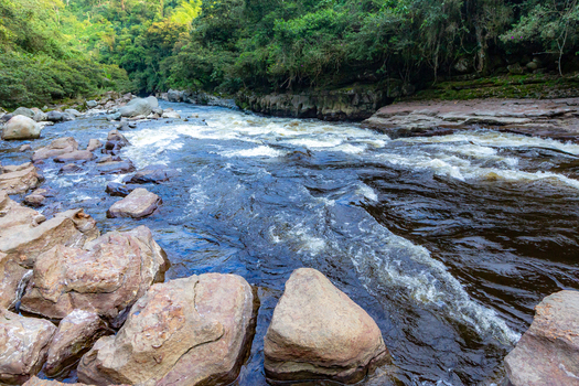 View of Estrecho del Rio Magdalena with rushing river water flowing between large boulders and lush green forest in San Agustin Huila Colombia. View of Estrecho del Rio Magdalena with rushing river water flowing between large boulders and lush green forest in San Agustin Huila Colombia.