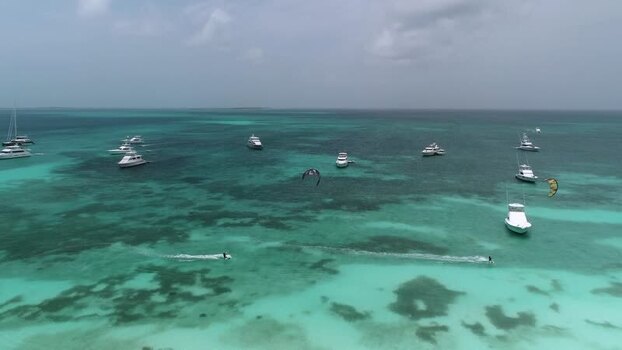 Aerial view of kite surfers in Los Roques Venezuela.