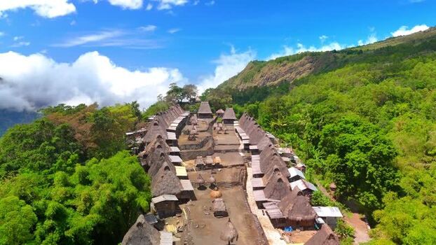 Aerial view of Bena Traditional Village and lush hills Indonesia. Aerial view of Bena Traditional Village and lush hills Indonesia.