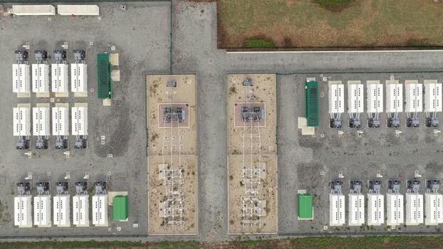 Aerial view of Clay Tye Tesla Megapack installation United Kingdom.