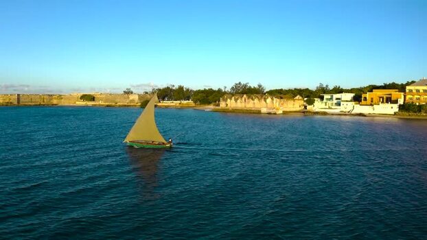 Aerial view of dhow sailing Mozambique.