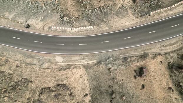 Aerial view of winding road at Khardung La mountain pass India.
