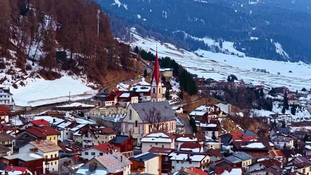 Aerial view of Nauders village in the Tyrolean Alps Austria.