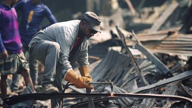 View of a worker using a cutting torch on metal debris Bangladesh. View of a worker using a cutting torch on metal debris Bangladesh.