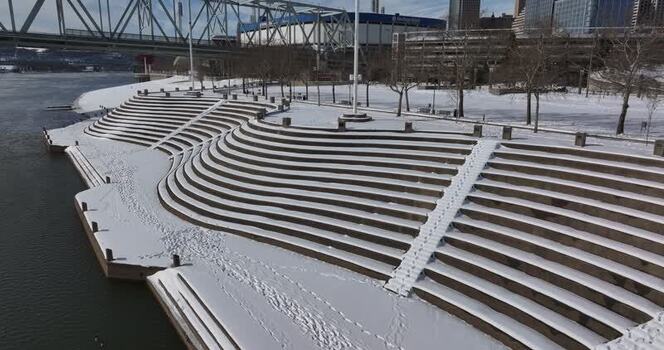 Aerial view of the snow covered Serpentine Wall in Cincinnati United States.